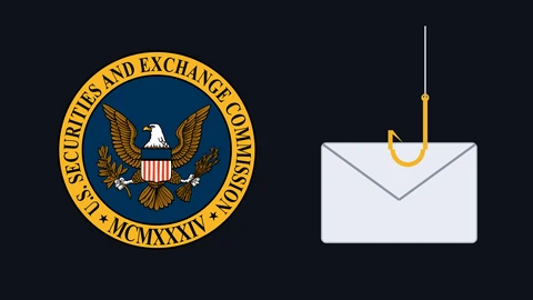 The blue and gold seal of the US Securities and Exchange Commission on a dark background beside a drawing of a yellow fishing hook caught on a white envelope.