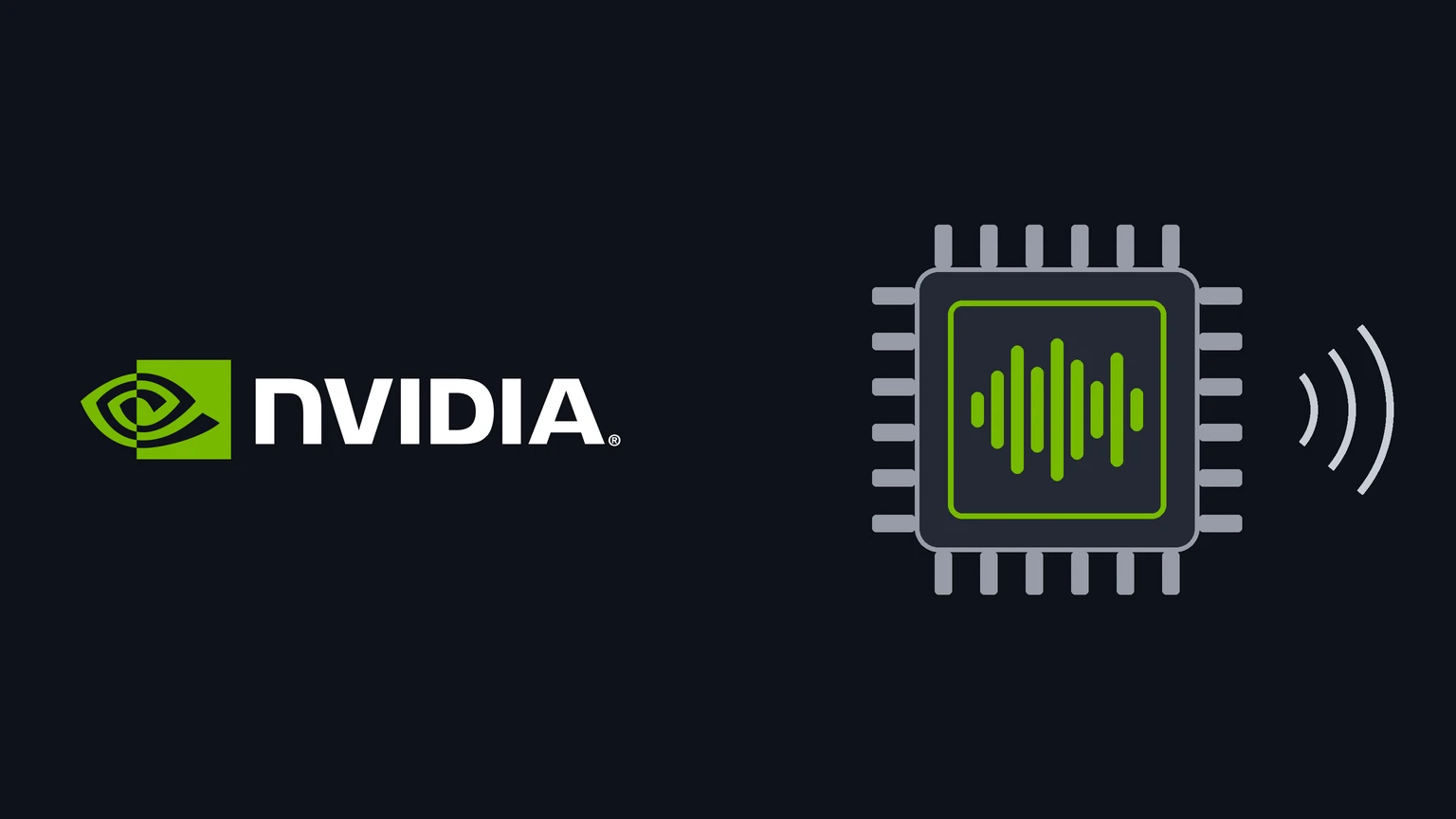 The NVIDIA logo in green and white on a dark background beside a drawing of a computer chip with a green voice waveform and sound waves coming from its side.