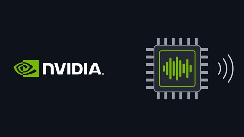 The NVIDIA logo in green and white on a dark background beside a drawing of a computer chip with a green voice waveform and sound waves coming from its side.