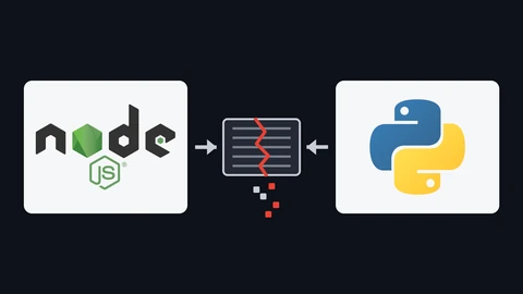 The Node.js logo on a white card on the left and the blue and yellow Python logo on a white card on the right, with a grey compressed data block between them squeezed by two arrows and split by a red crack with small squares spilling out, on a dark background.