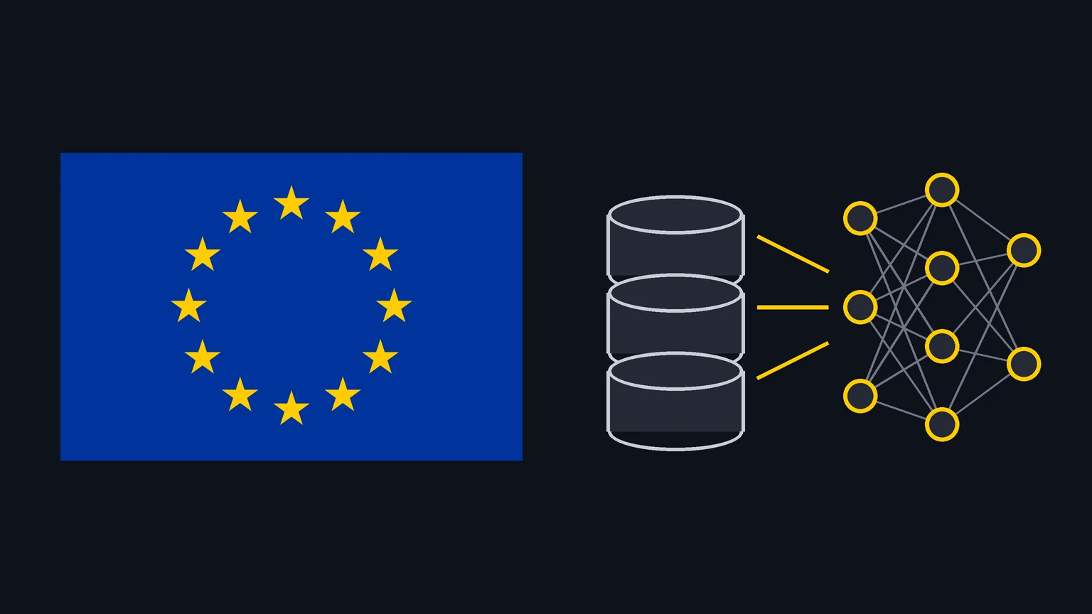 The blue flag of Europe with a circle of gold stars beside a drawing of three stacked database cylinders connected by gold lines to a small neural network, on a dark background.