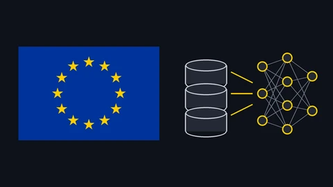 The blue flag of Europe with a circle of gold stars beside a drawing of three stacked database cylinders connected by gold lines to a small neural network, on a dark background.
