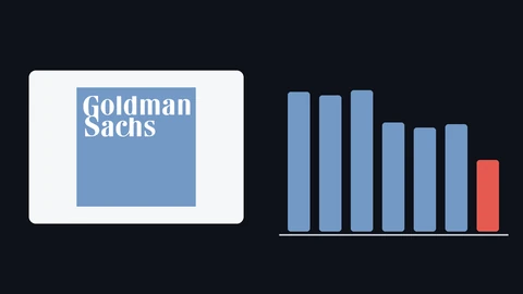 The blue square Goldman Sachs logo on a white card beside a row of blue bars that step down in height, ending in a shorter red bar, on a dark background.