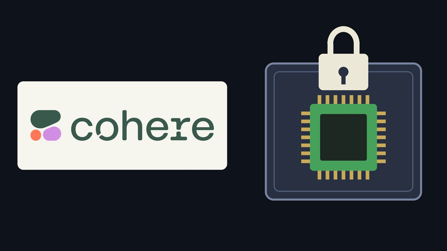 The green Cohere wordmark with its coloured blob mark on a light panel at left and, at right, a drawing of a green computer chip inside a dark vault frame topped by a cream padlock, on a dark background.