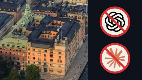 An aerial photo of Rosenbad, the salmon pink government building beside the water in Stockholm, at left and, at right, the OpenAI knot symbol and the Claude starburst symbol, each inside a red prohibition ring with a slash, on a dark background.