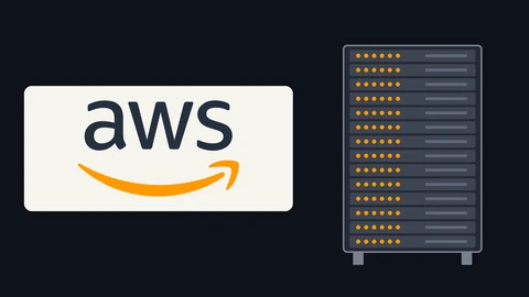 The dark AWS wordmark with its orange smile arrow on a light panel at left and, at right, a drawing of a tall server rack with every slot filled and lit with orange lights, on a dark background.