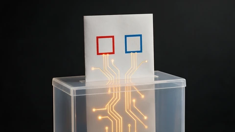 AI-generated illustration of a blank white ballot with one red and one blue empty checkbox, half inside the slot of a translucent ballot box, with glowing orange circuit lines running from the boxes down into it.