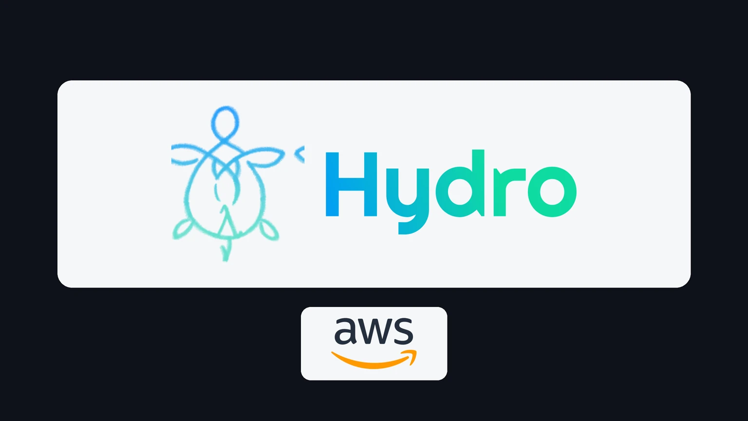 The Hydro project logo, a line drawing of a sea turtle in blue and green beside the word Hydro, on a large light panel, with the AWS logo on a smaller panel below, against a dark background.