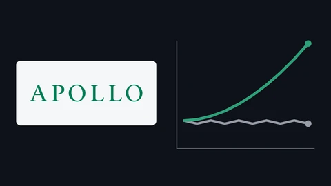 The green Apollo wordmark on a light card on the left of a dark background. On the right, a green line curves steeply upward while a grey line beside it stays flat.