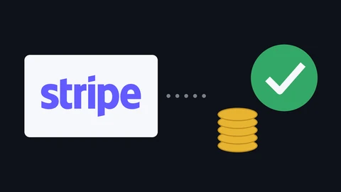 The purple Stripe wordmark on a white card, a dotted line leading to a stack of gold coins and a green circle with a white check mark, on a dark background.