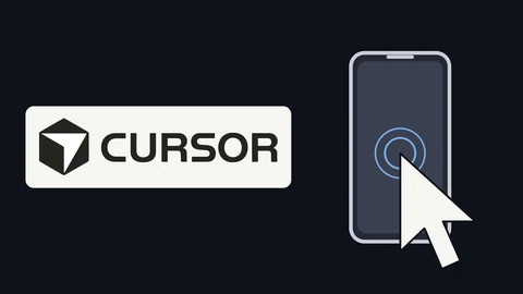 The Cursor cube logo and wordmark in black on a light panel at left and, at right, a drawn phone outline with a blank screen and a large white mouse pointer tapping it, on a dark background.