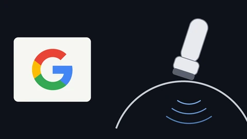 The four-colour Google G on a light panel at left; at right, a drawn handheld ultrasound probe resting on a curved outline of an abdomen with blue sound-wave arcs below it, on a dark background.