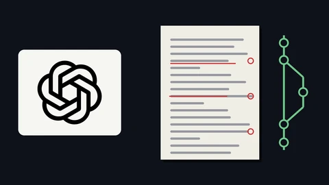 The black OpenAI blossom logo on a light panel at left; at right, a drawn manuscript page of grey lines with red underlines and red margin circles, beside a green branch-and-merge graph, on a dark background.