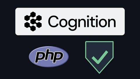 The black Cognition wordmark and hexagon symbol on a pale panel at top, with the purple oval PHP logo and a green outlined shield holding a check mark below it on a dark background.