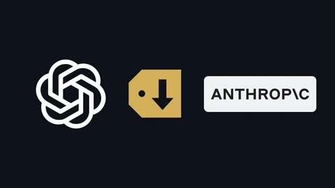 The white OpenAI knot symbol on a dark background at left, a gold price tag with a black downward arrow in the middle, and the black Anthropic wordmark on a pale panel at right.