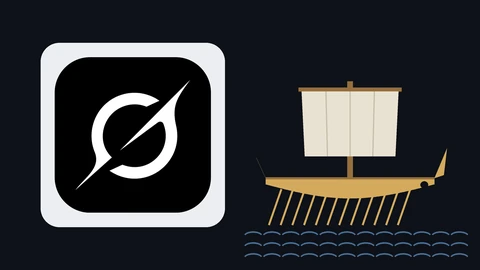 The black and white Grok app icon on a pale rounded panel at left, and a simple drawing of an ancient Greek ship with a cream square sail, gold hull and oars above blue waves at right, on a dark background.