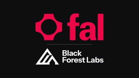 The red fal logo, a rounded cross shape with a circular hole beside the lowercase word fal, above a thin grey line and the white Black Forest Labs logotype on a near-black background.
