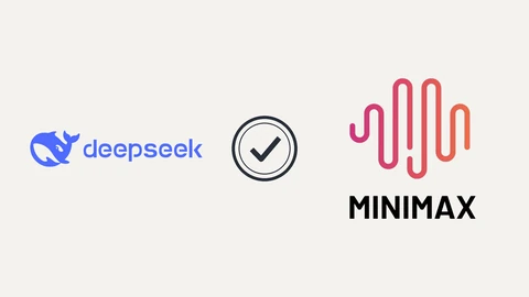 The blue DeepSeek whale logo and wordmark on the left and the pink-to-orange MiniMax wave logo and wordmark on the right, with a dark circular seal containing a check mark between them, on an off-white background.