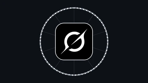 The Grok app icon, a white slashed ring on a black rounded square, at the centre of a large ring of small white and grey dots joined to it by faint spokes, on a near-black background.