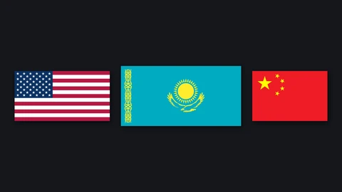 Three national flags in a row on a near-black background: the United States flag on the left, the light blue flag of Kazakhstan with its golden sun and eagle slightly larger in the middle, and the red flag of China with five yellow stars on the right.