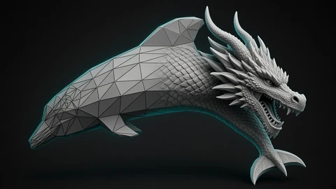 AI-generated illustration of a grey sculpted creature on a black background. Its rear half is a coarse low-poly triangle mesh and its front half is a finely detailed dragon head with scales, horns and teeth.