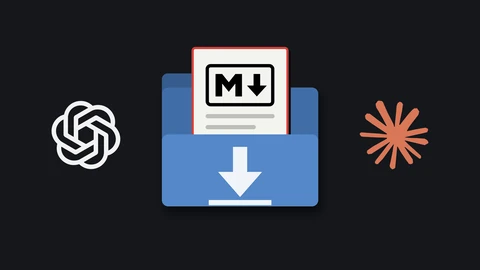 The white OpenAI swirl logo on the left, a blue Downloads folder in the middle holding a red-bordered Markdown document marked with the Markdown M-arrow symbol, and the orange Claude asterisk logo on the right, all on a dark background.