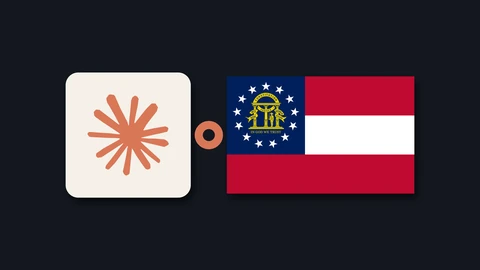 The orange Claude starburst symbol on a cream tile at left and the red, white and blue Georgia state flag at right, joined by a small orange ring, on a dark background.