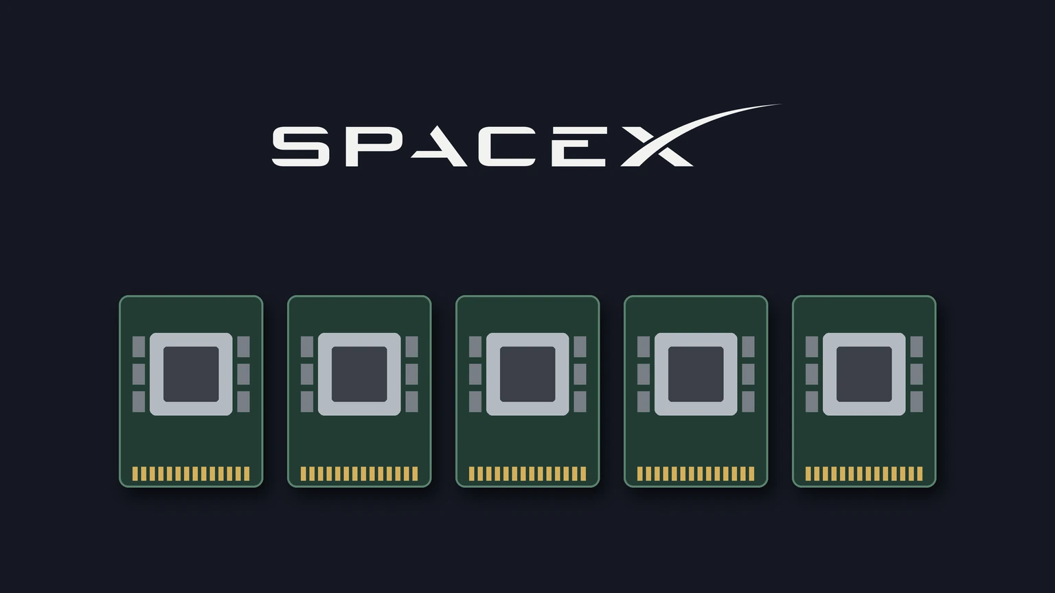 The white SpaceX wordmark on a dark navy background above a row of five green GPU accelerator boards, each with a grey chip and gold connector pins.