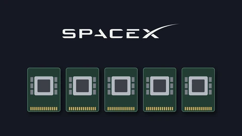 The white SpaceX wordmark on a dark navy background above a row of five green GPU accelerator boards, each with a grey chip and gold connector pins.