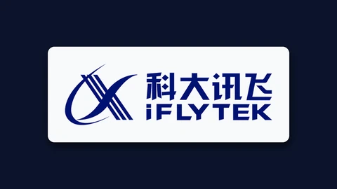 The iFlytek logo in dark blue on a white card: a swooping X made of parallel lines beside the Chinese name and the word iFLYTEK, on a dark navy background.