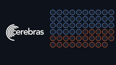 The Cerebras logo in light grey on a dark background beside a grid of 59 circles, the first 35 outlined in blue and the remaining 24 outlined in orange.