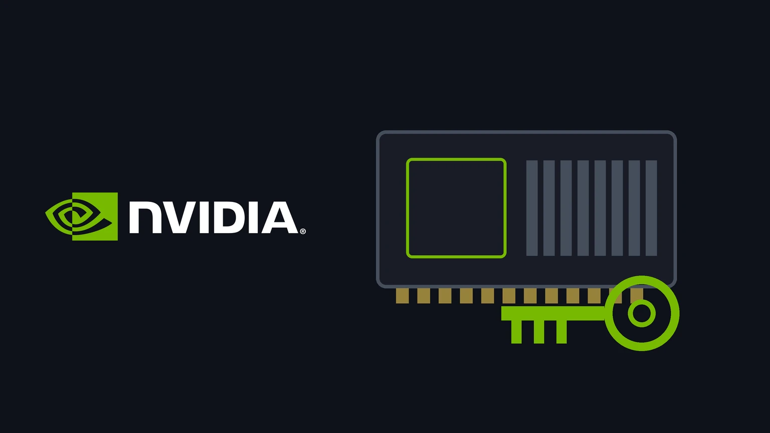The green and white NVIDIA logo on a dark background beside a simple drawing of a GPU board with a green chip outline and gold contacts, with a large green key lying across its lower edge.