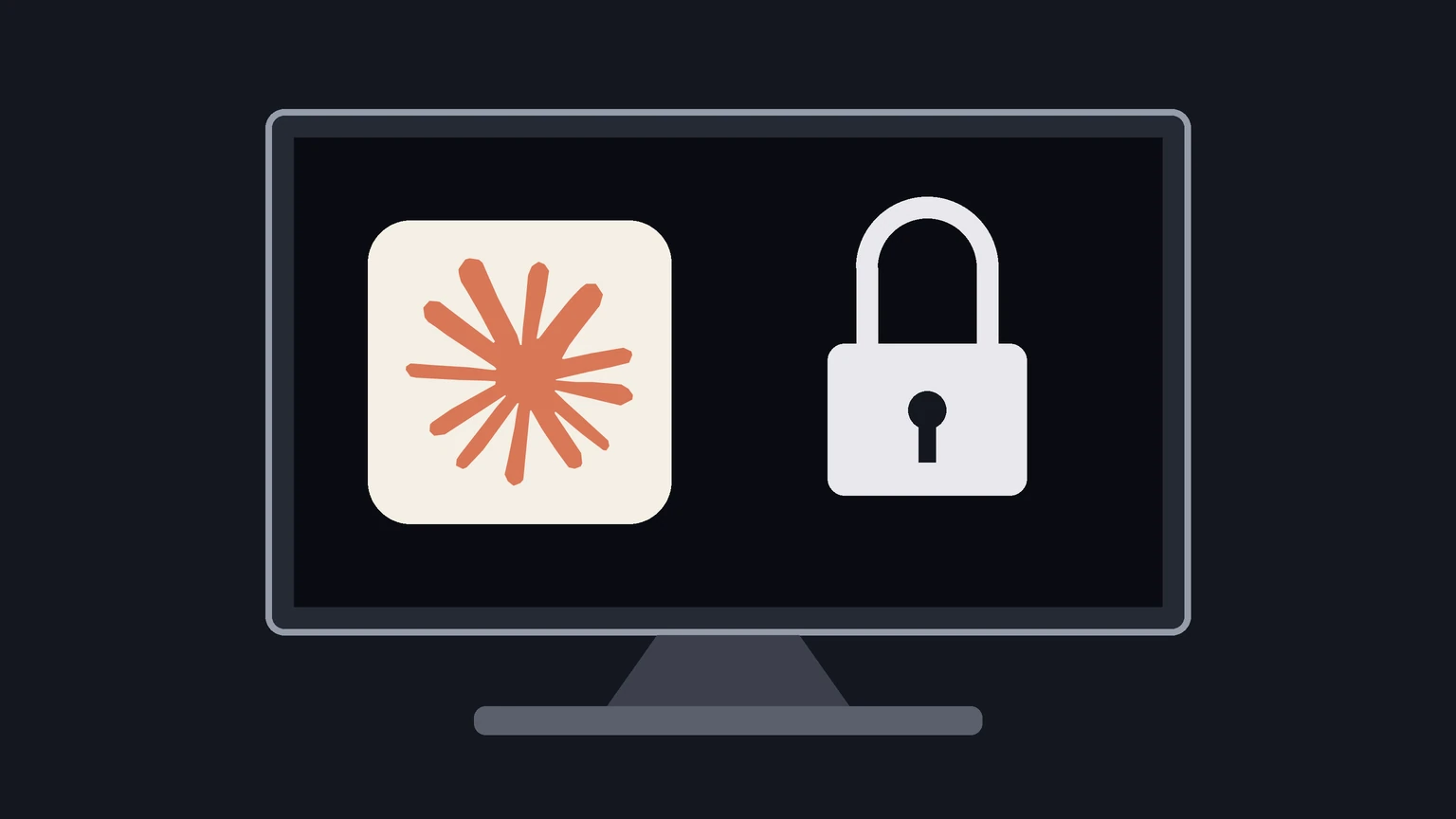 A drawn flat-panel TV on a dark background whose screen shows the orange Claude starburst symbol on a cream tile next to a white padlock.