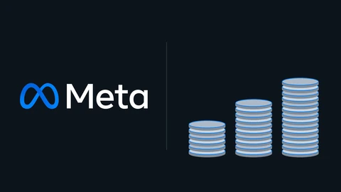 The Meta infinity logo and wordmark in blue and white on a dark background, beside three grey coin stacks that rise from short to tall.