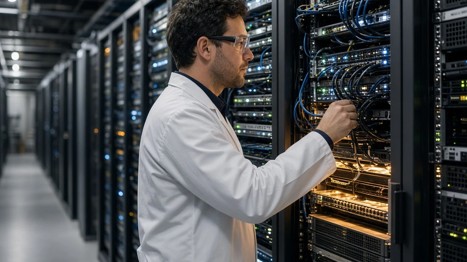 AI-generated editorial-style image of a data center aisle with server racks and a worker in a lab coat.