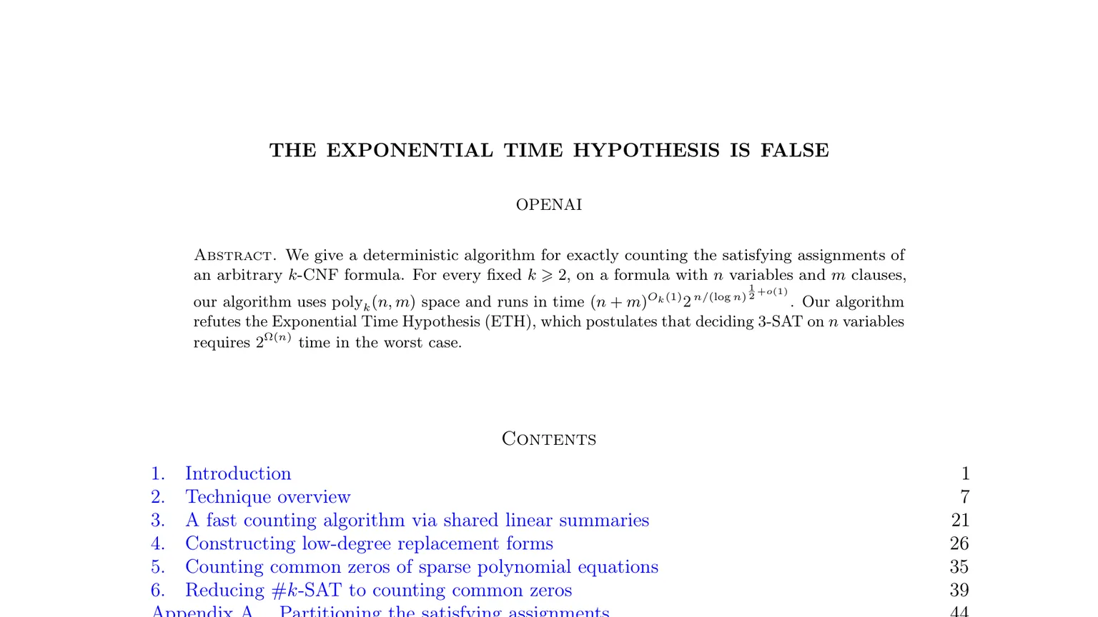 First page of the preprint paper 'The Exponential Time Hypothesis is False' from the openai/math GitHub repository.