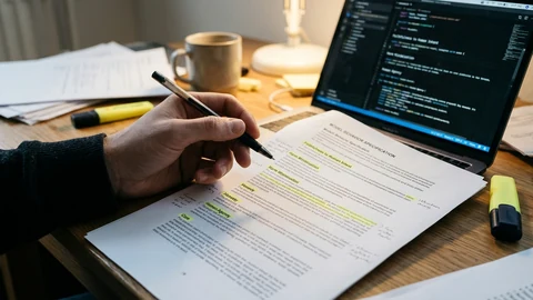 AI-generated image of a document with highlighted text and a laptop.