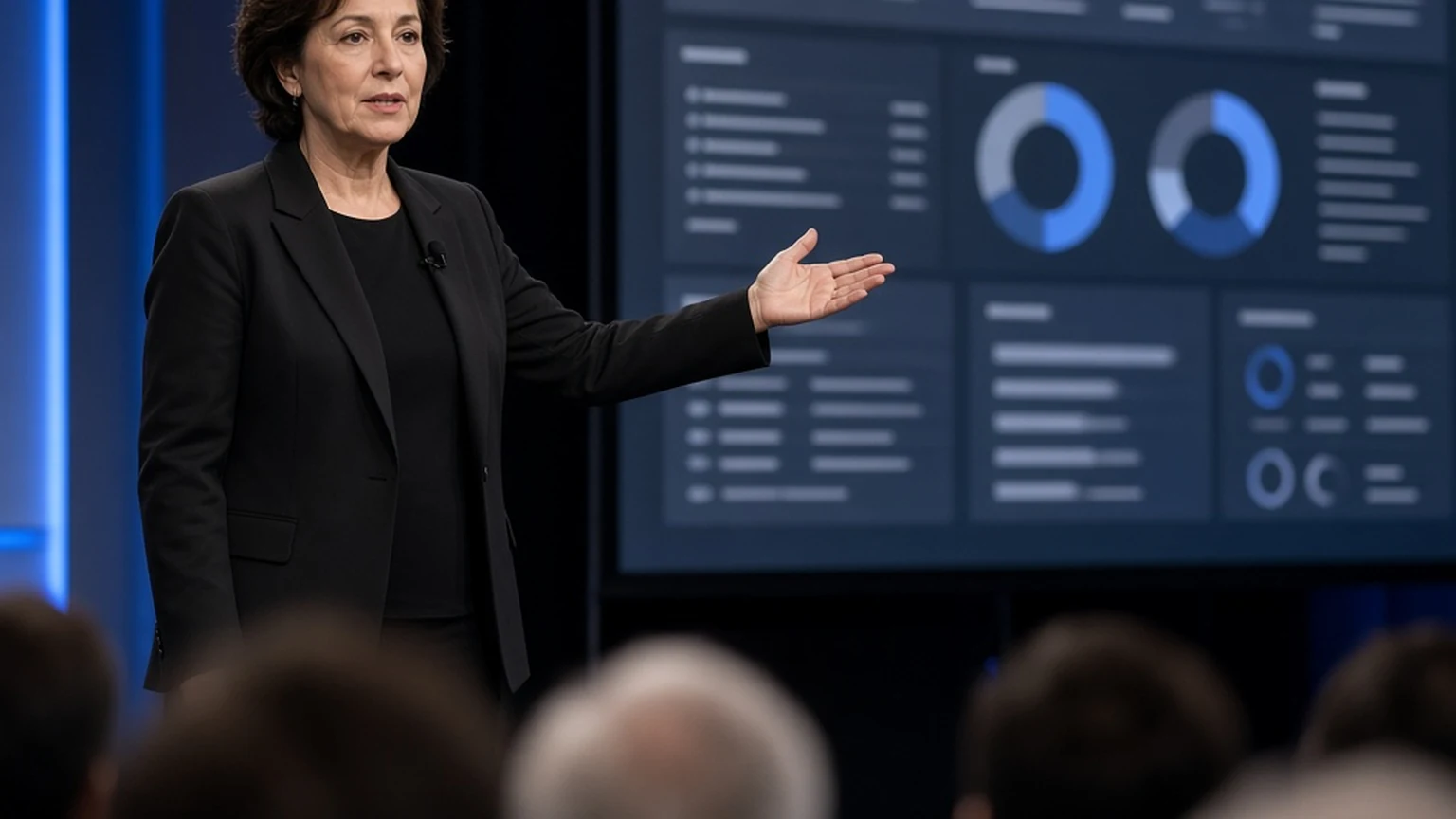 AI-generated editorial-style image of a woman giving a keynote presentation on stage with a data dashboard on a screen behind her.