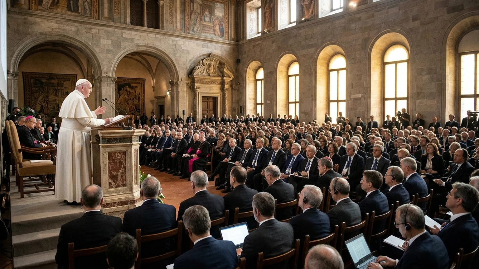 AI-generated Vatican hall scene.