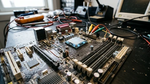 AI-generated image of a CPU chip macro on a motherboard.