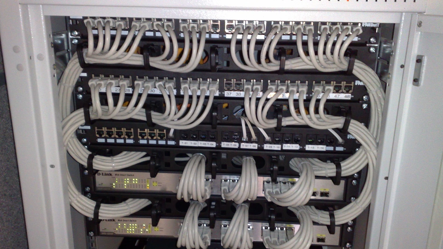 Managed Ethernet switches and network patch cables in a rack.