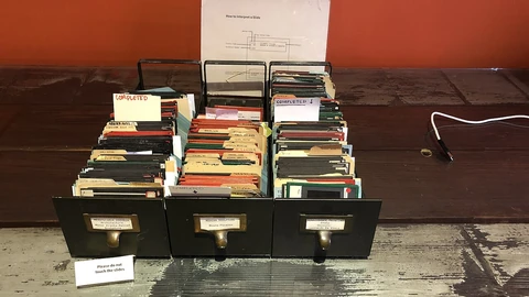 Wooden library card catalog at Stony Island Arts Bank.