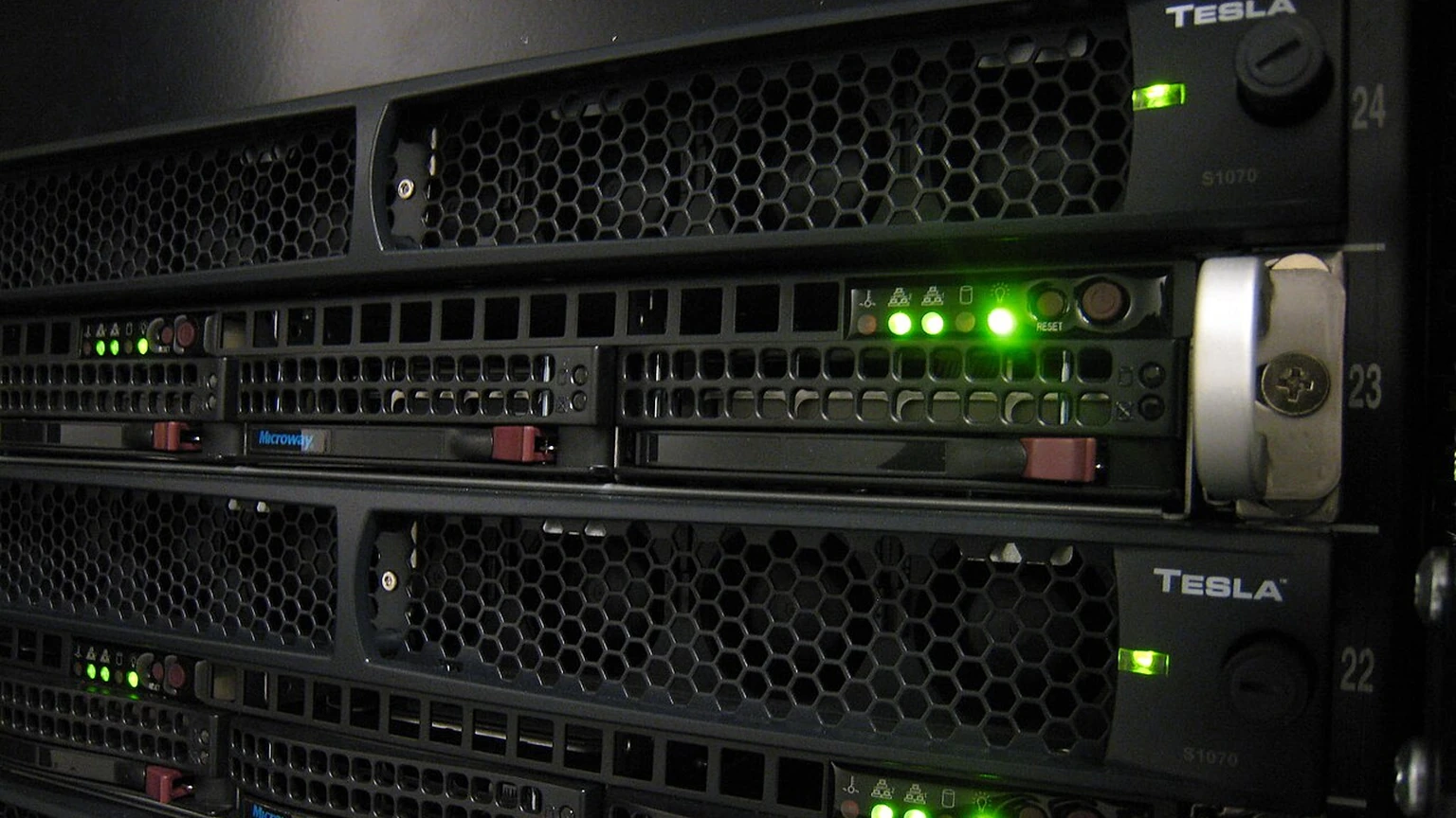 NVIDIA Tesla S1070 units mounted in a computing rack.