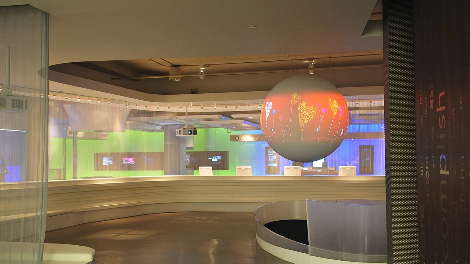 Suspended globe display inside the Microsoft visitor centre.