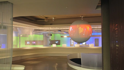 Suspended globe display inside the Microsoft visitor centre.