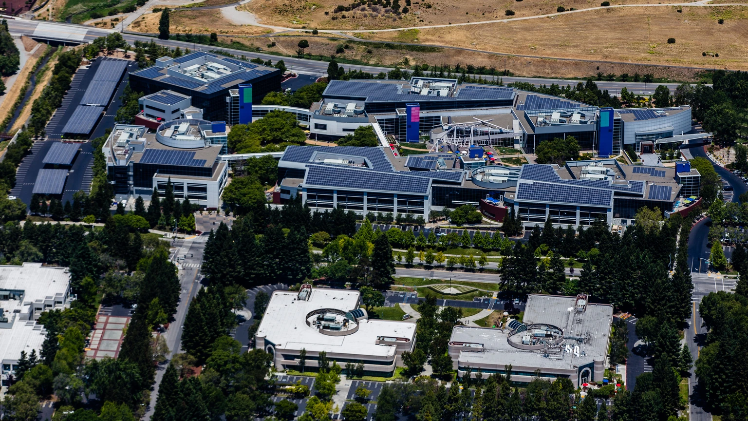 Aerial view of Google’s campus in Mountain View, California.