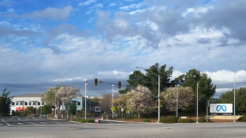 Entrance and Meta sign at the company’s Menlo Park headquarters.