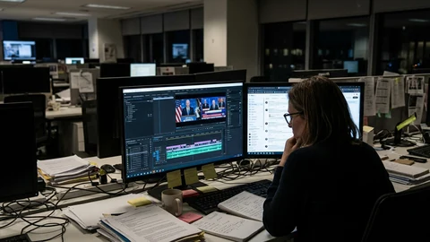AI-generated image of a journalist at a monitor in a newsroom at night.
