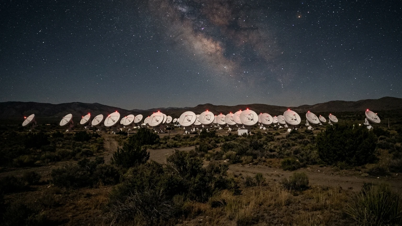 AI-generated radio telescope array at night.
