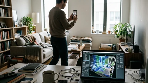 AI-generated image of a person scanning a room with a phone and a 3D model on a laptop.